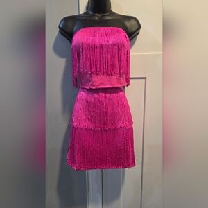 Strapless Fringe Mini Dress in Hot Pink